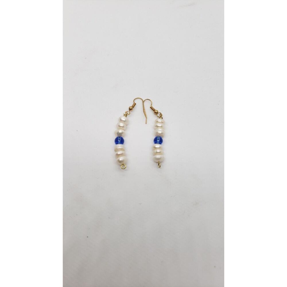 Vintage handmade Genuine Pearl Earrings Long Dangle Freshwater & Blue Glass - Picture 4 of 6